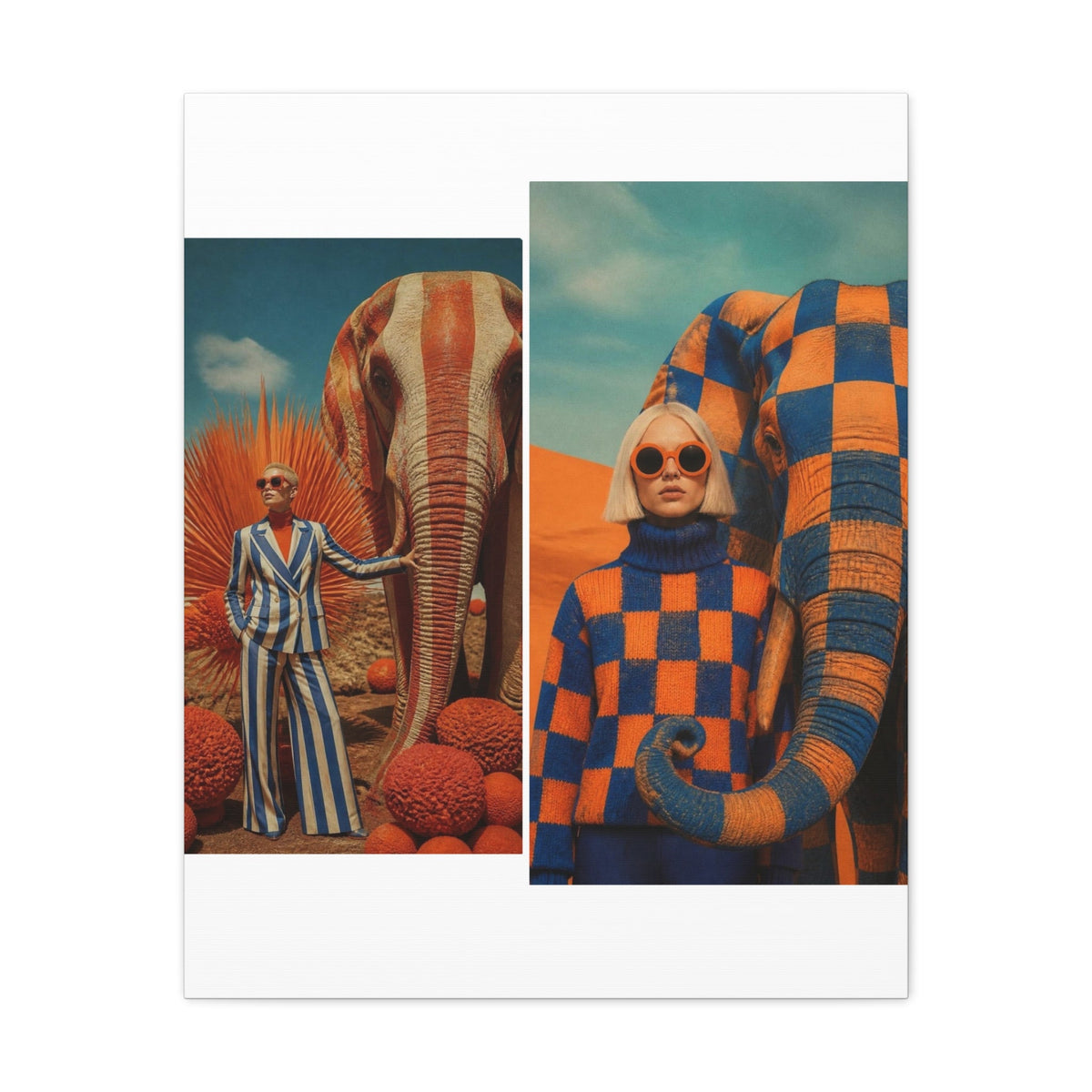 PURETE matte stretched canvas featuring a surreal collage of models with patterned elephants in a desert landscape.