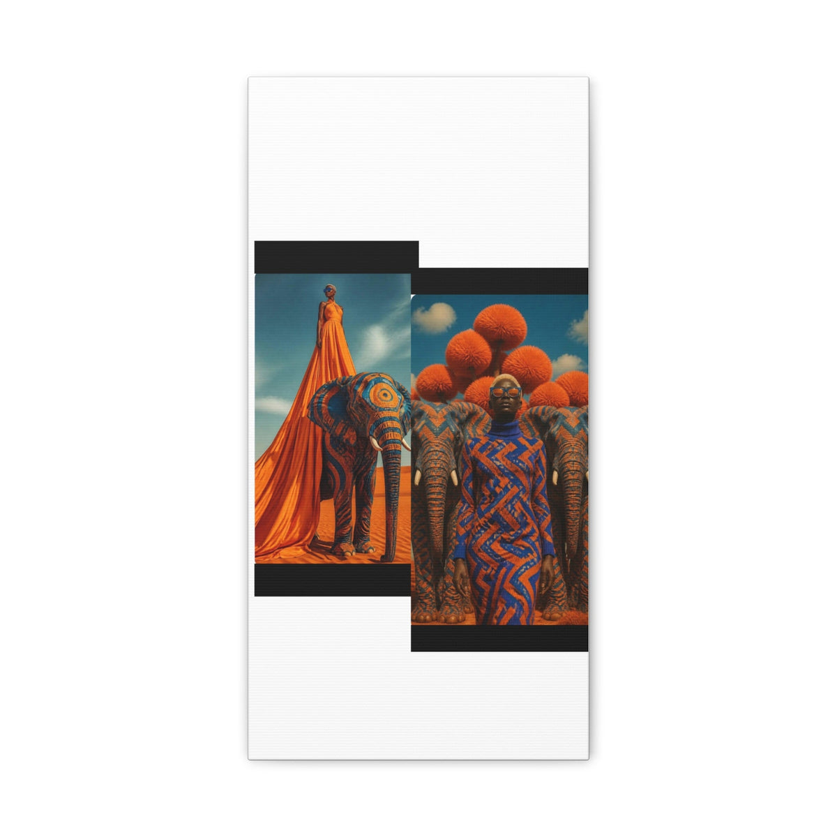 PURETE matte canvas featuring surreal artwork of figures in orange and blue patterns with elephants in a desert.