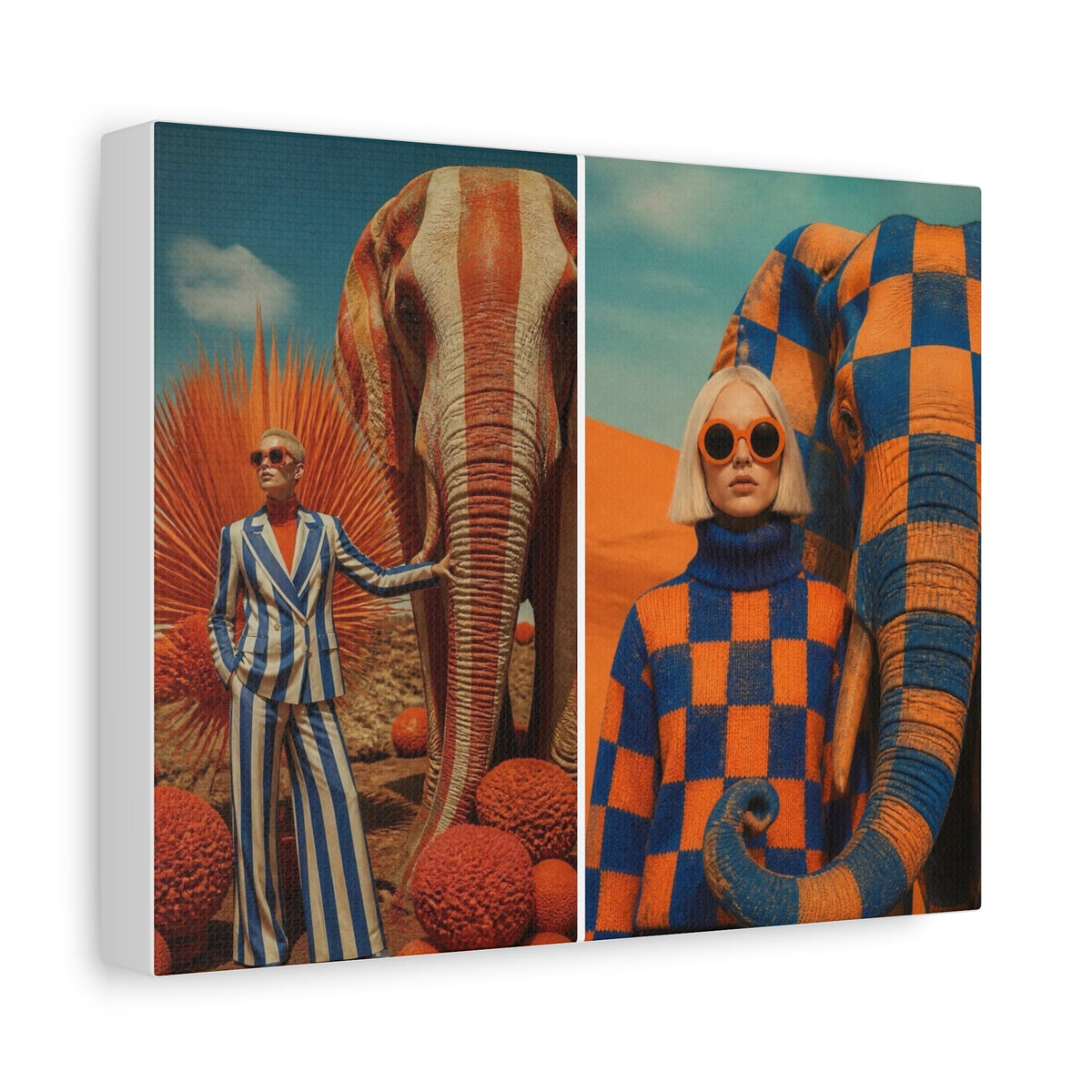 PURETE matte stretched canvas featuring a surreal diptych of models and elephants in a vibrant orange and blue desert.
