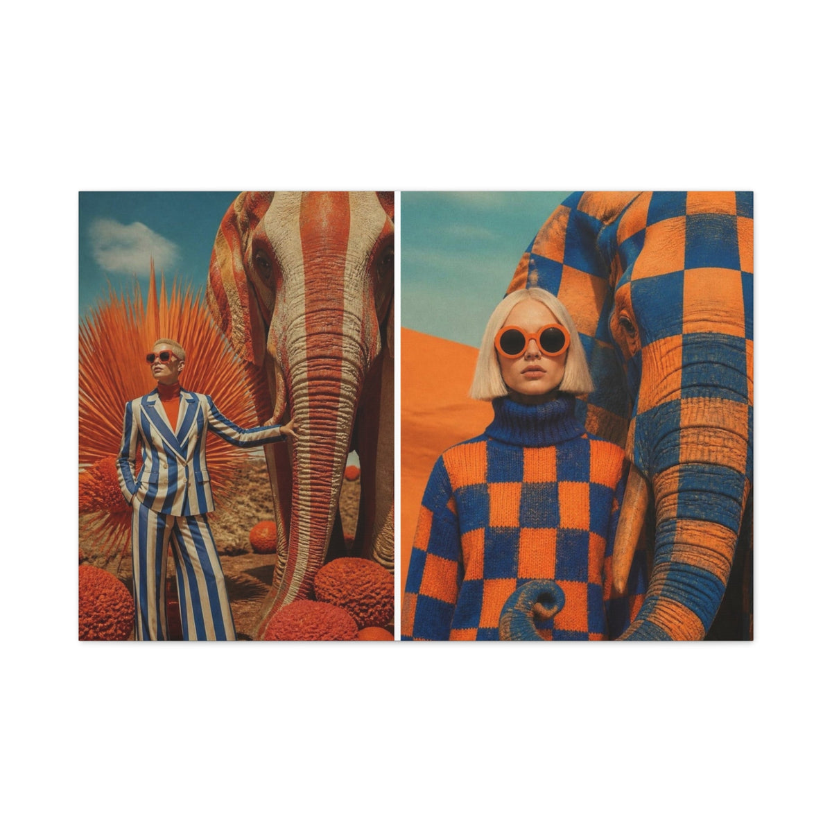PURETE matte canvas featuring a split-screen surreal art print of a woman with elephants in a desert landscape.