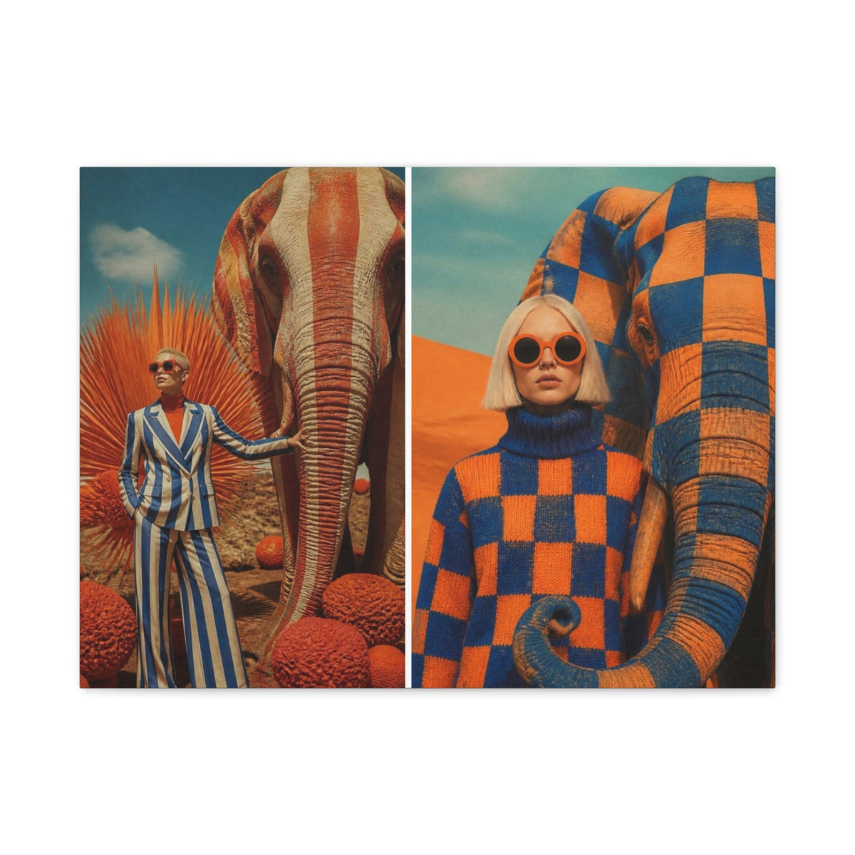 PURETE matte canvas featuring a surreal diptych of a woman with an elephant in vibrant orange and blue patterns.