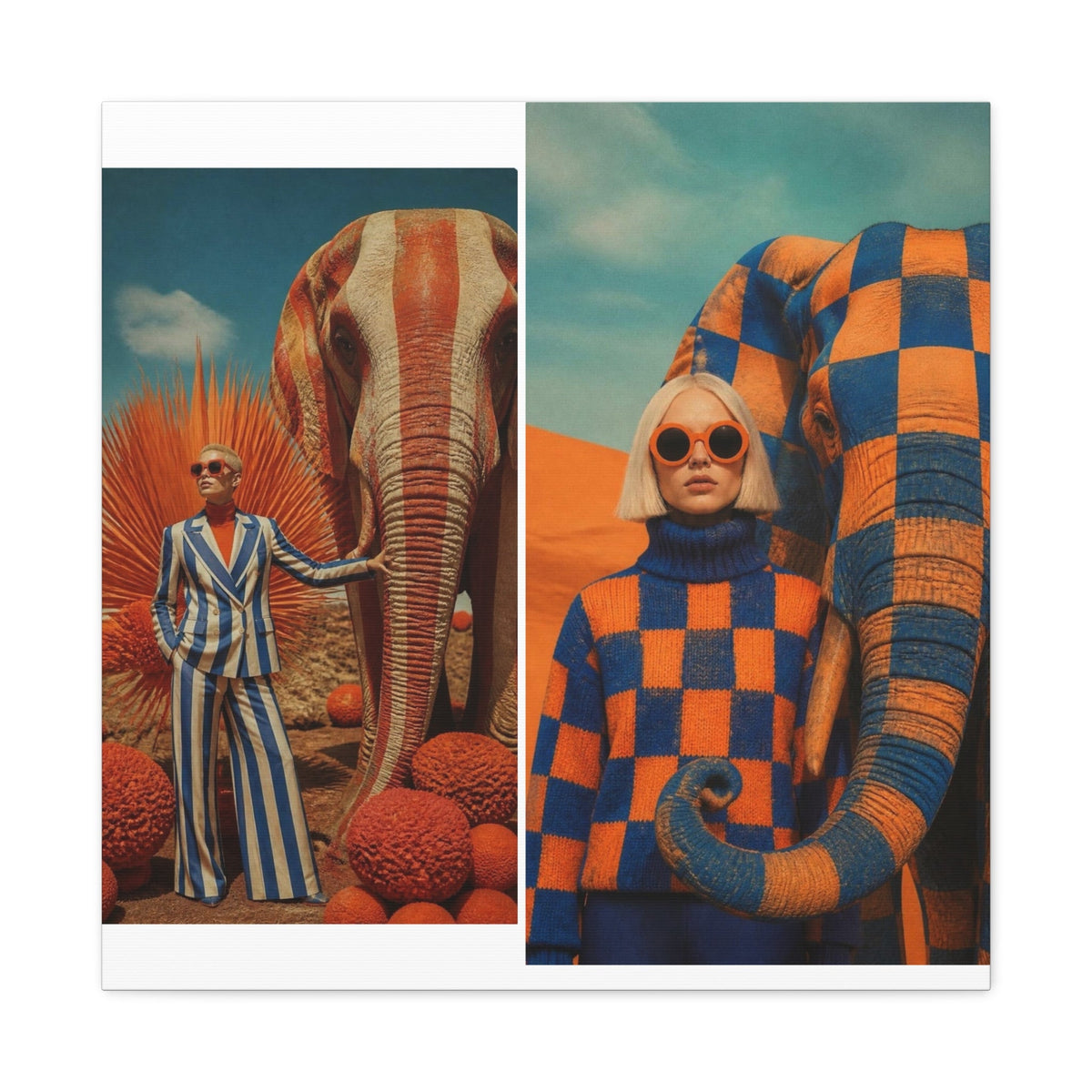 PURETE matte canvas featuring a surreal diptych of a woman with elephants in orange and blue desert landscapes.