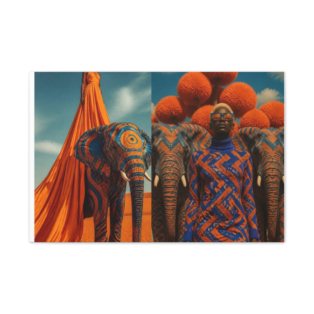 PURETE matte canvas print featuring surreal artwork of elephants and a model in orange and blue patterns