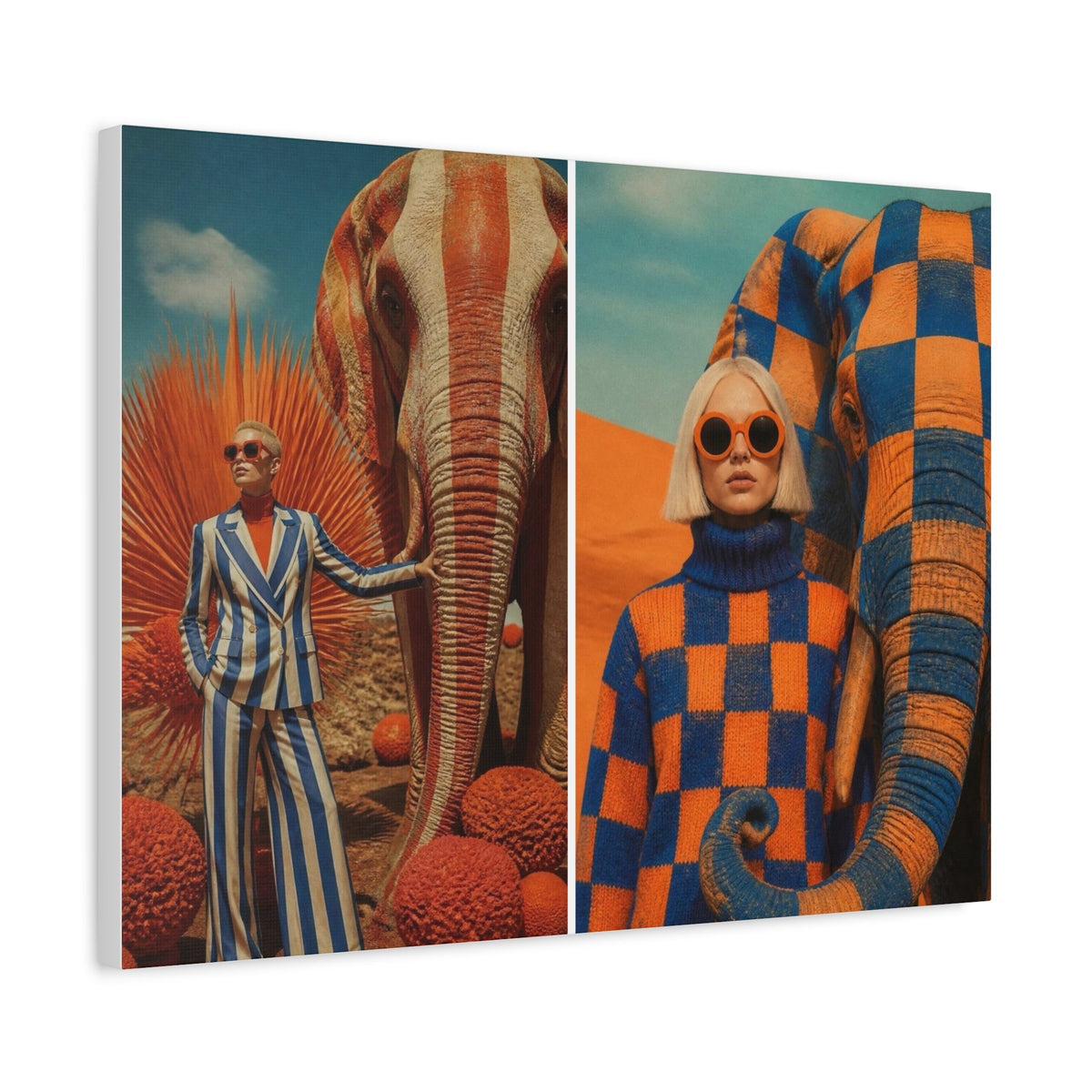 PURETE matte stretched canvas featuring a split-screen surreal art print of models with elephants in vibrant colors.