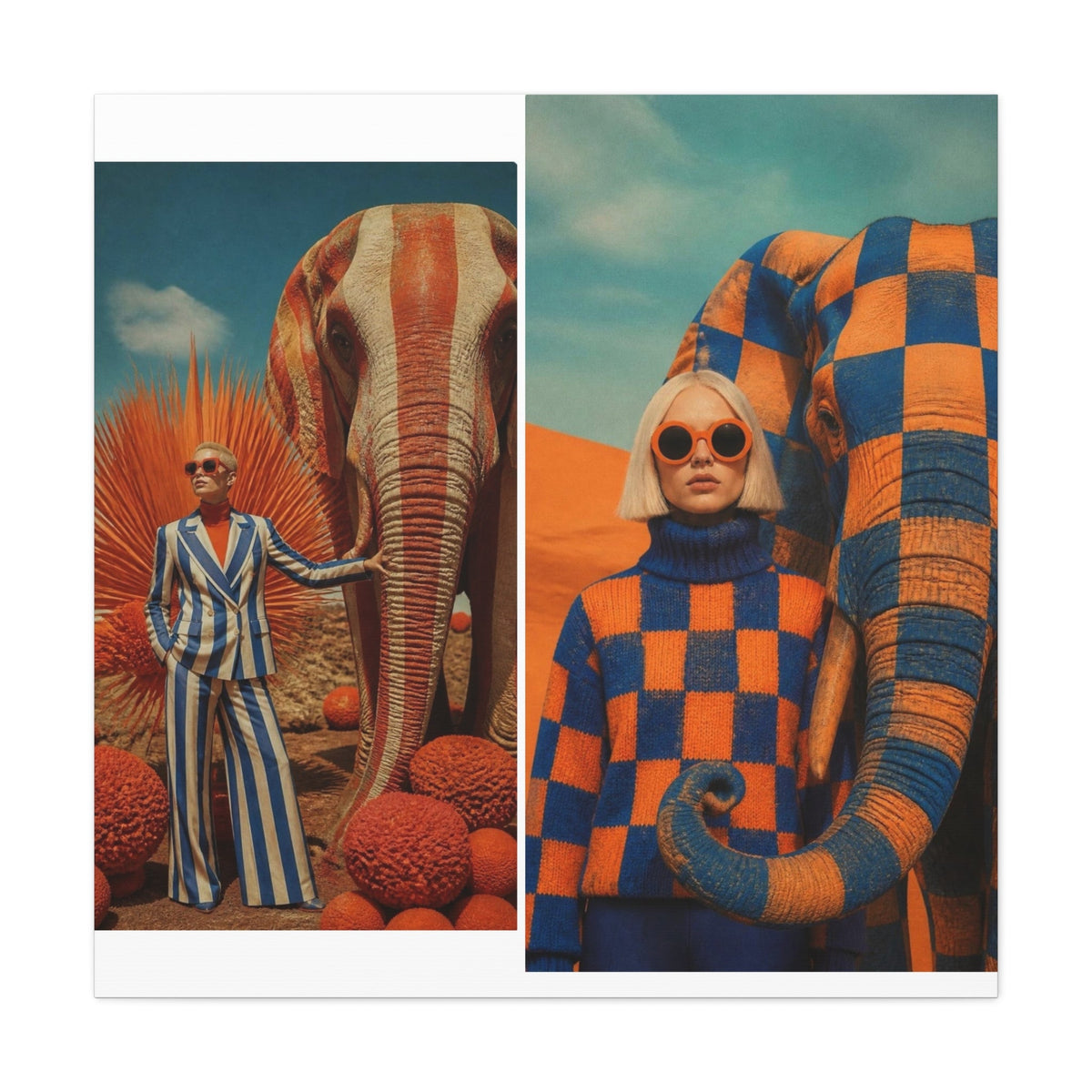 PURETE matte canvas featuring a surreal diptych of a woman with an elephant in vibrant orange and blue tones.