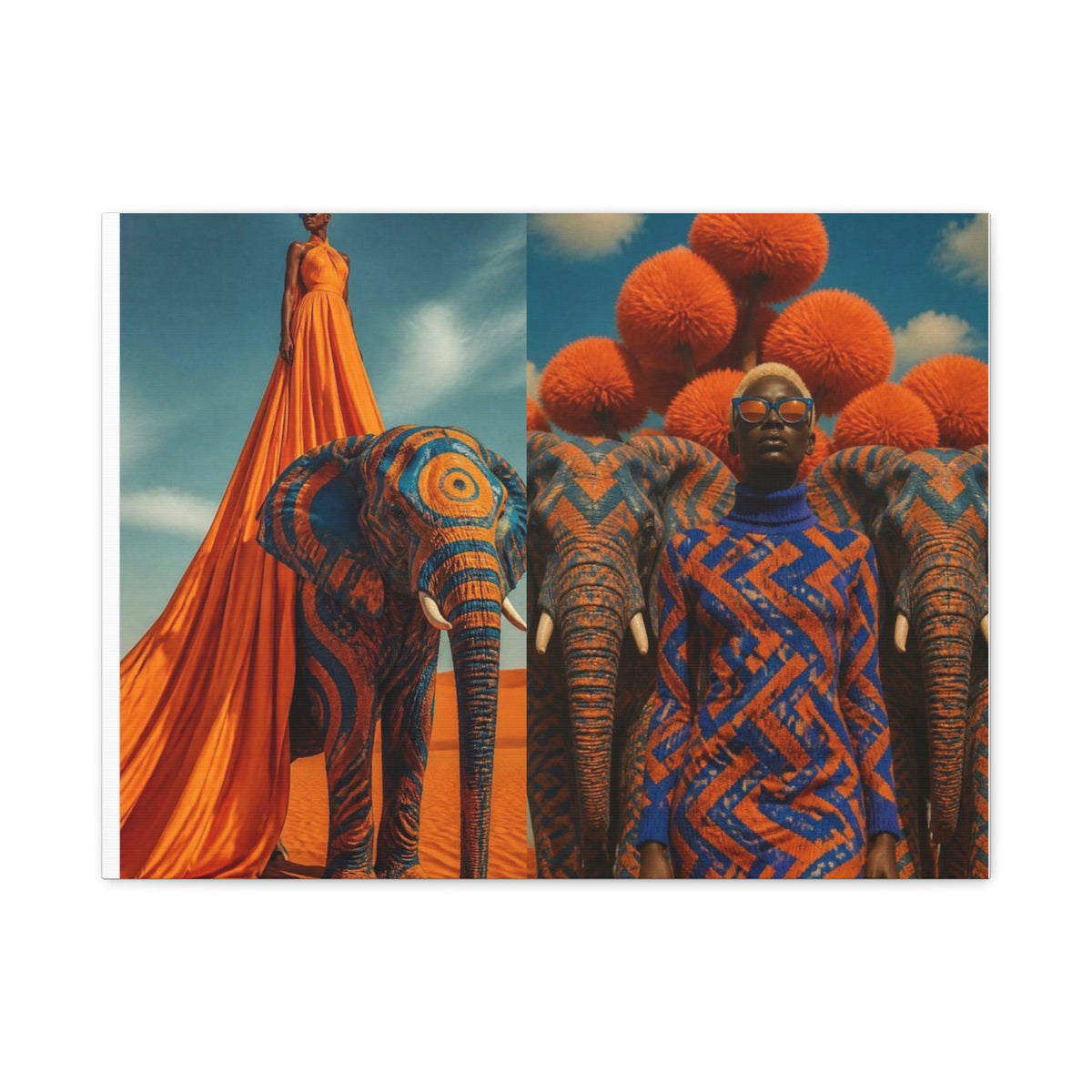 PURETE matte stretched canvas featuring surreal desert art with elephants, a woman in an orange gown, and a model.