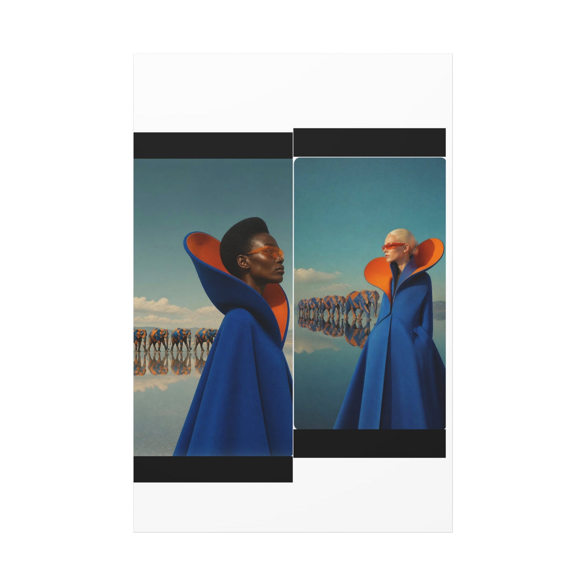 PURETE matte canvas print featuring a surreal fashion photography diptych of two models in blue and orange capes.