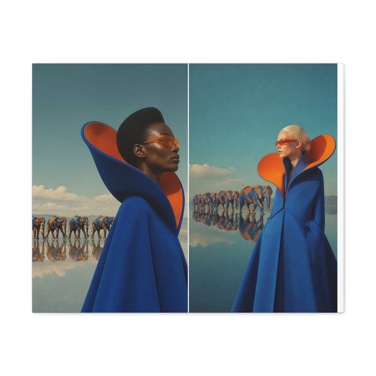 PURETE matte canvas print featuring two models in blue capes with orange collars standing before surreal elephants.