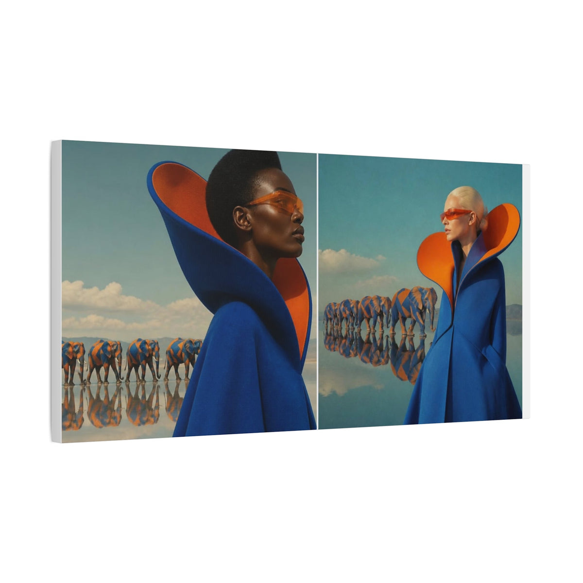 PURETE matte canvas print featuring a surreal fashion scene with two models in blue coats and orange sunglasses