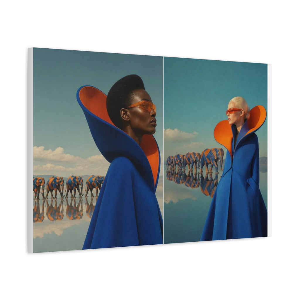 PURETE matte canvas featuring a surreal diptych of models in blue and orange high-fashion capes with elephants.