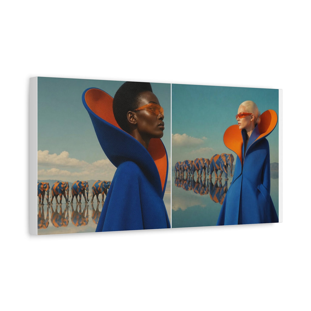 PURETE matte canvas featuring a surreal diptych of two models in blue and orange high-fashion coats with elephants.