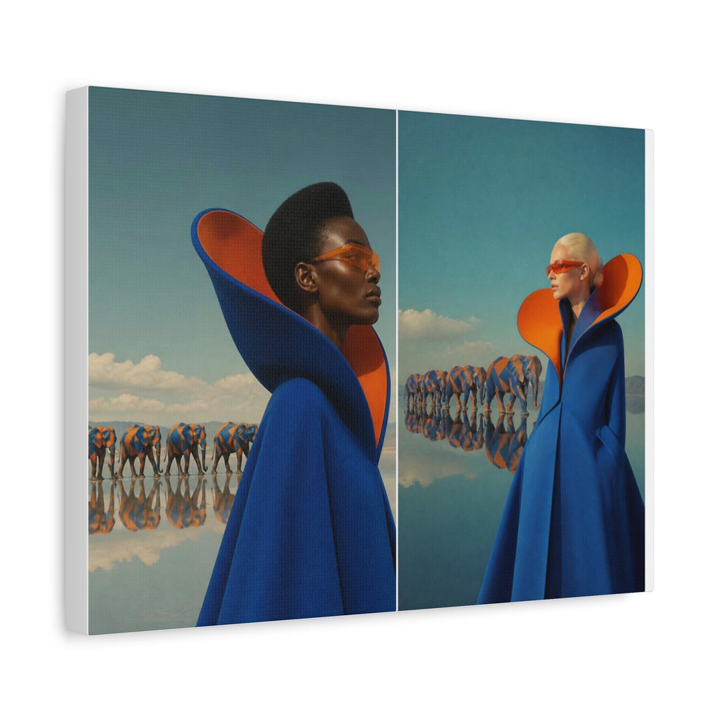 PURETE matte canvas featuring two women in blue and orange capes with orange glasses in a surreal elephant landscape.