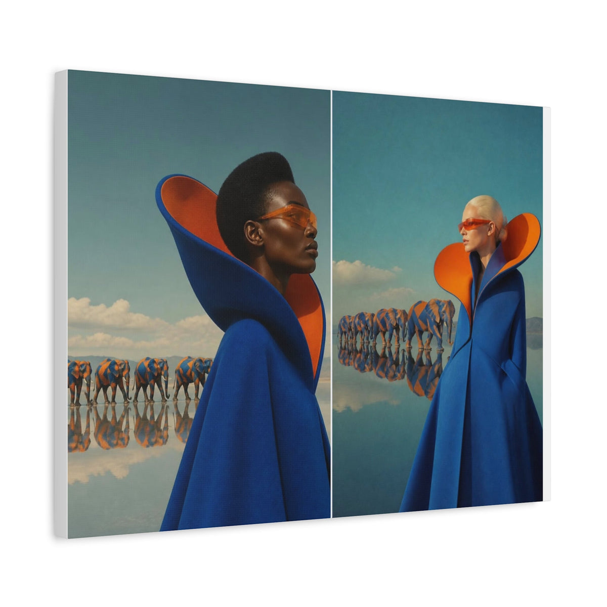PURETE matte canvas print featuring two women in blue and orange high-fashion capes with a surreal elephant landscape.