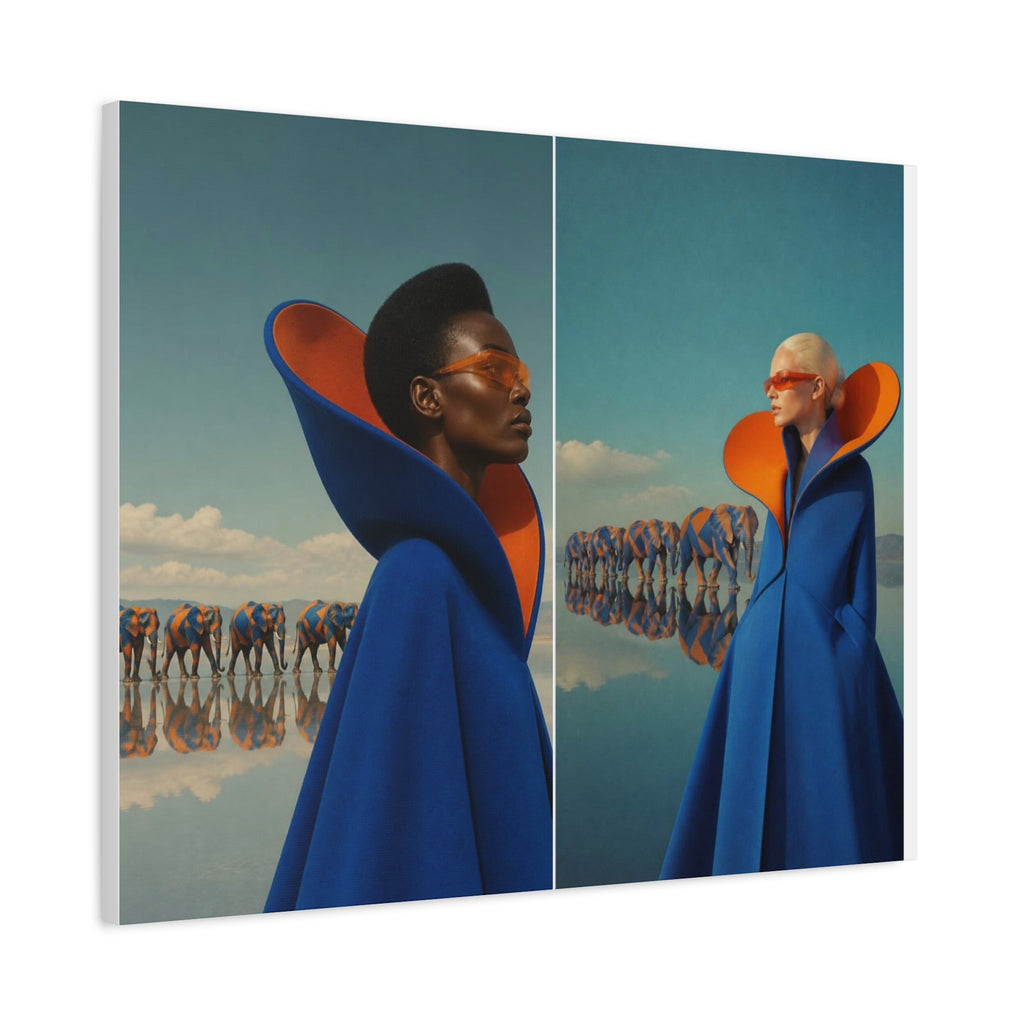PURETE matte canvas print featuring a surreal fashion scene with two models in blue and orange coats and elephants.