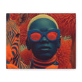 PURETE matte canvas print featuring a stylized portrait of a person with blue skin and orange zebra-themed artwork.