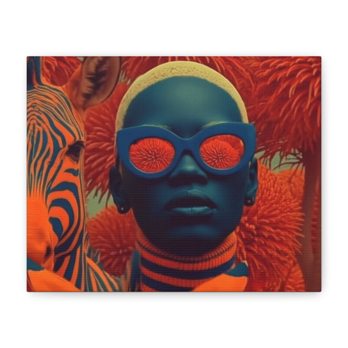PURETE matte canvas print featuring a stylized portrait of a person with blue skin and orange zebra-themed artwork.
