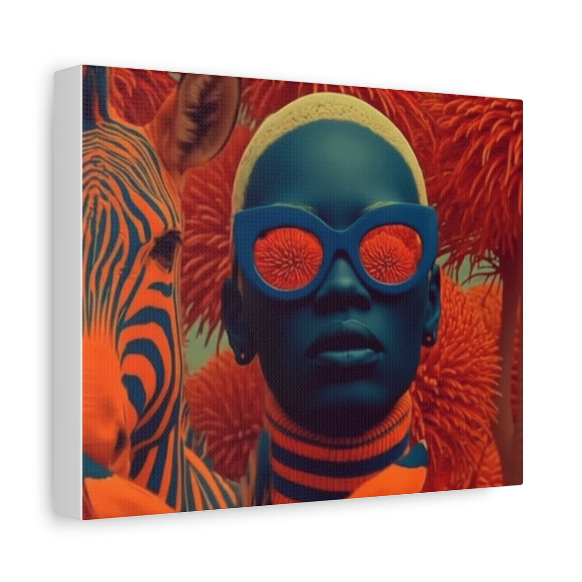 PURETE matte canvas print featuring a stylized portrait of a person with blue skin and orange zebra-patterned clothing.