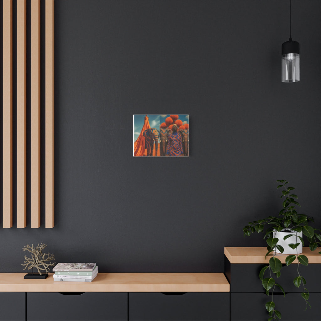 PURETE matte stretched canvas featuring vibrant African-inspired art hanging on a dark grey wall above a wooden shelf.