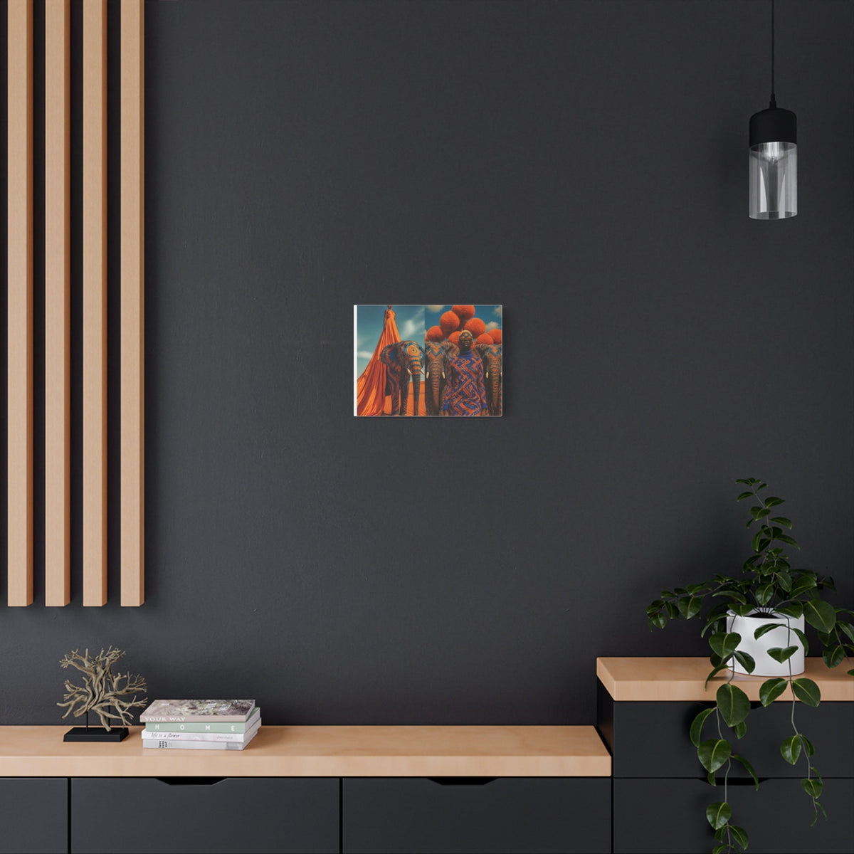 PURETE matte stretched canvas featuring vibrant African-inspired art hanging on a dark grey wall above a wooden shelf.