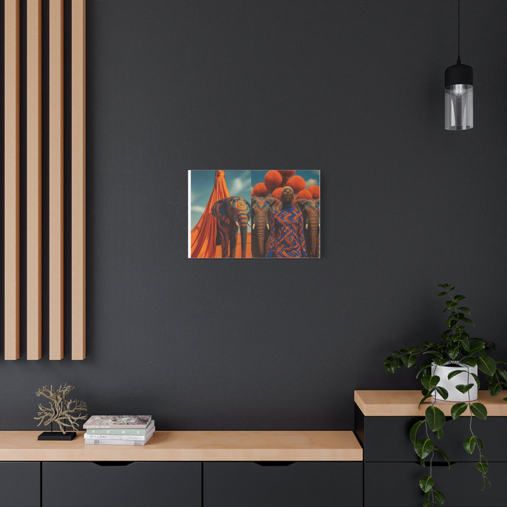 PURETE matte stretched canvas featuring vibrant elephant artwork hanging on a dark grey wall above a wooden console.