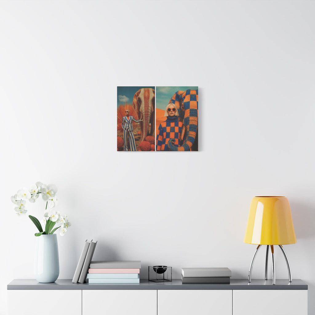 PURETE matte canvas wall art featuring two surreal fashion portraits displayed above a modern sideboard with decor.