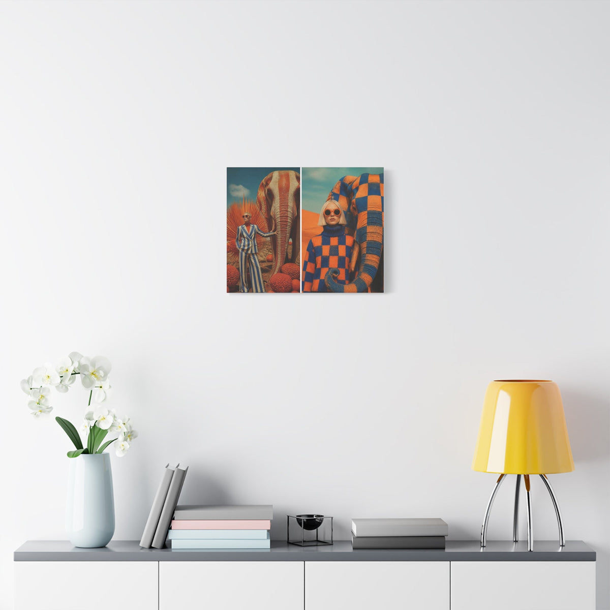 PURETE matte canvas wall art featuring two surreal fashion portraits displayed above a modern sideboard with decor.
