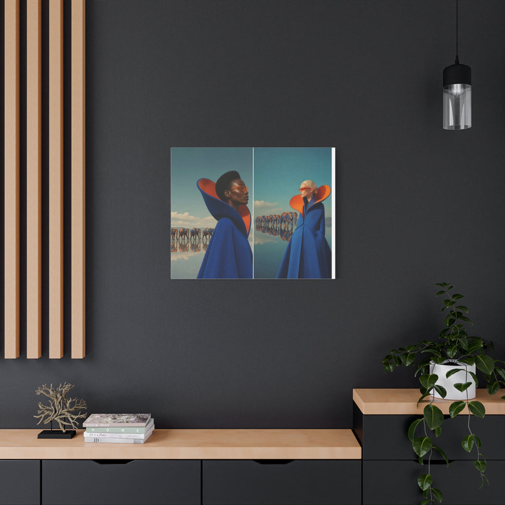 PURETE matte canvas print featuring surreal fashion art on a dark grey wall above a wooden console table.