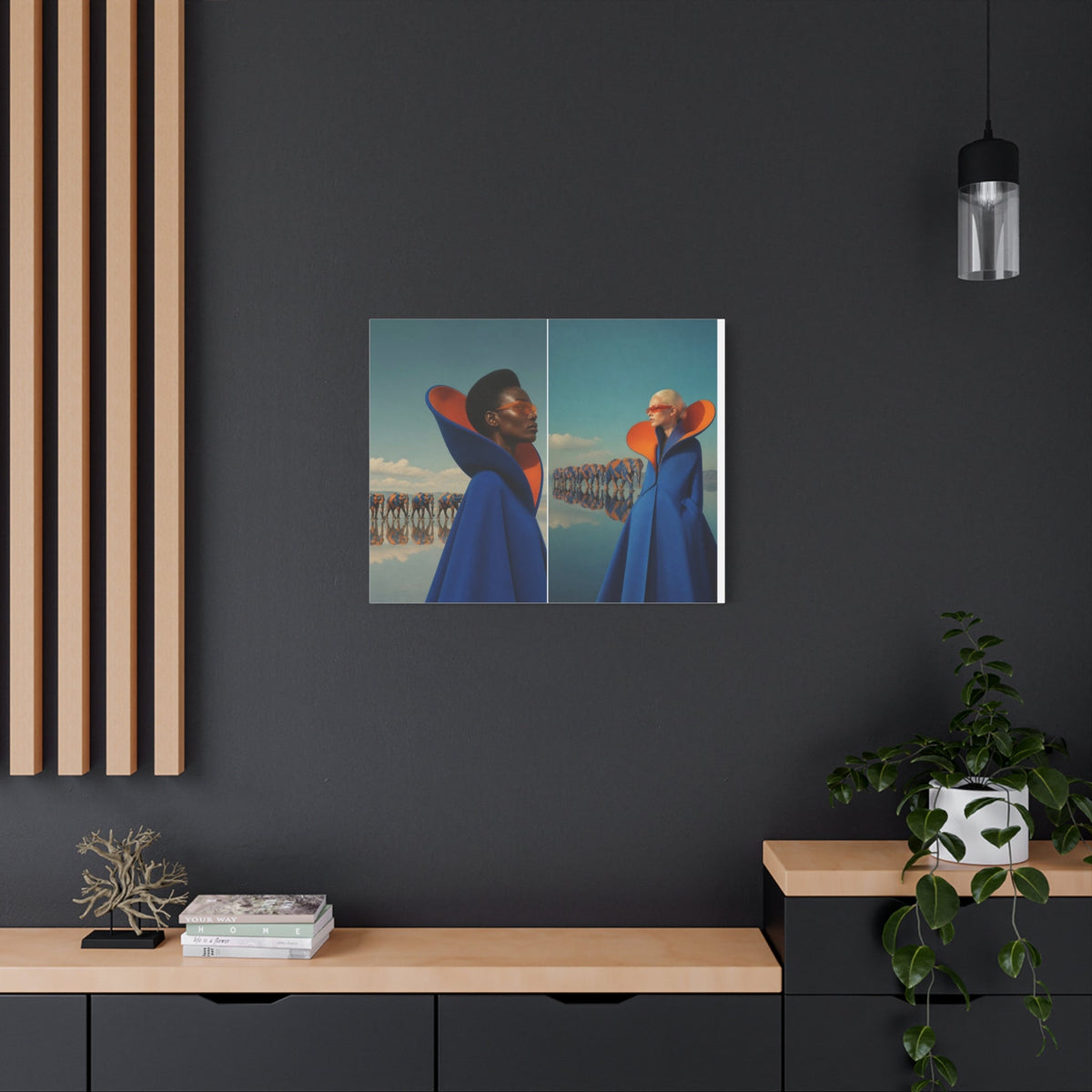 PURETE matte canvas print featuring surreal fashion art on a dark grey wall above a wooden console table.