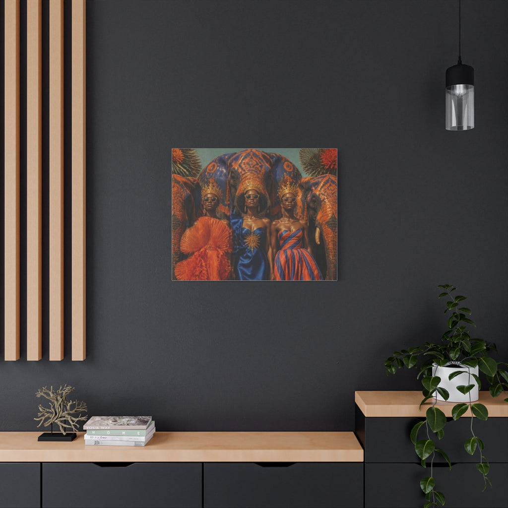 PURETE matte canvas wall art featuring three regal women with elephants, displayed on a dark grey living room wall.