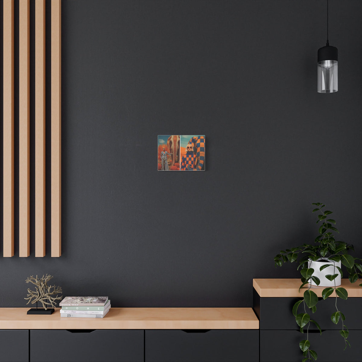 PURETE matte stretched canvas featuring abstract art hanging on a dark grey wall above a wooden console table