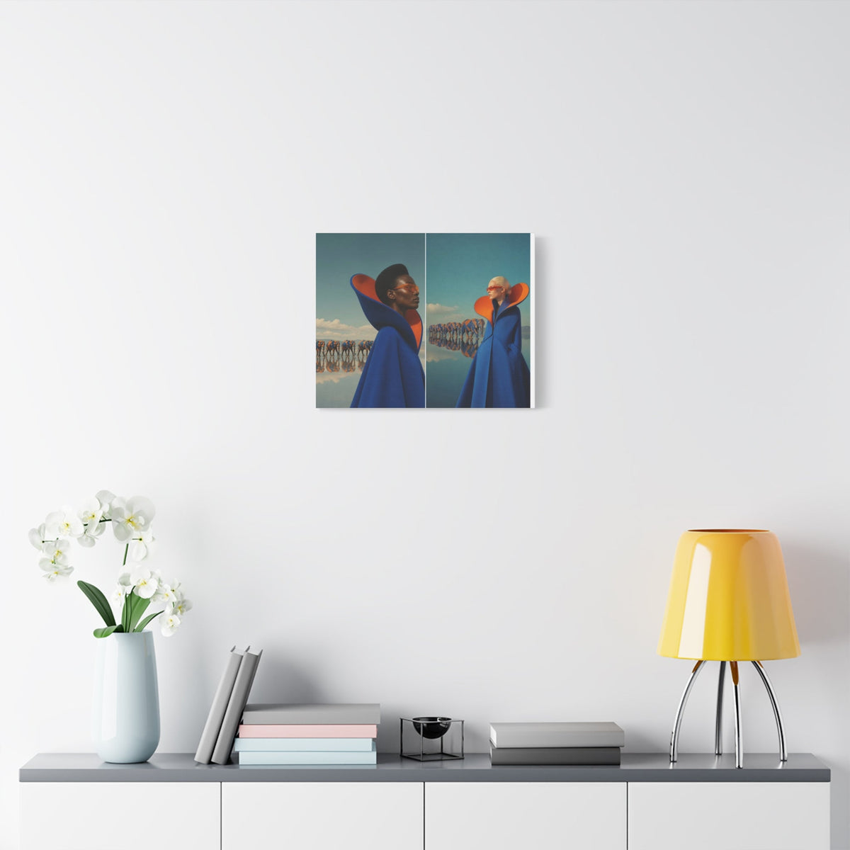 PURETE matte canvas print featuring surreal fashion photography hanging on a white wall above a modern console table