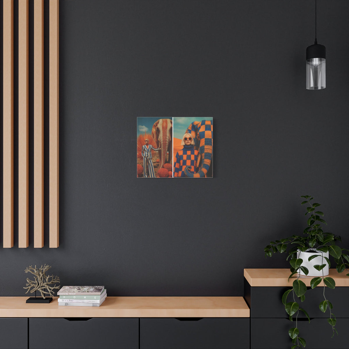 PURETE matte canvas wall art featuring surreal fashion photography displayed on a dark grey wall above a wooden console