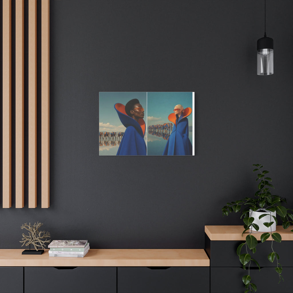PURETE matte canvas print featuring surreal fashion photography displayed on a dark grey wall above a wooden console.