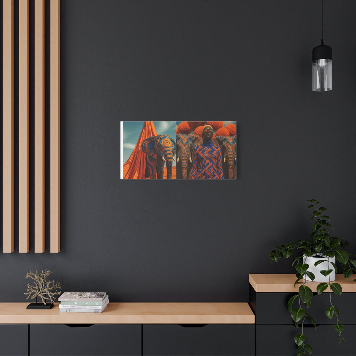 PURETE matte canvas print featuring vibrant African-inspired art displayed on a dark grey wall above a wooden console.