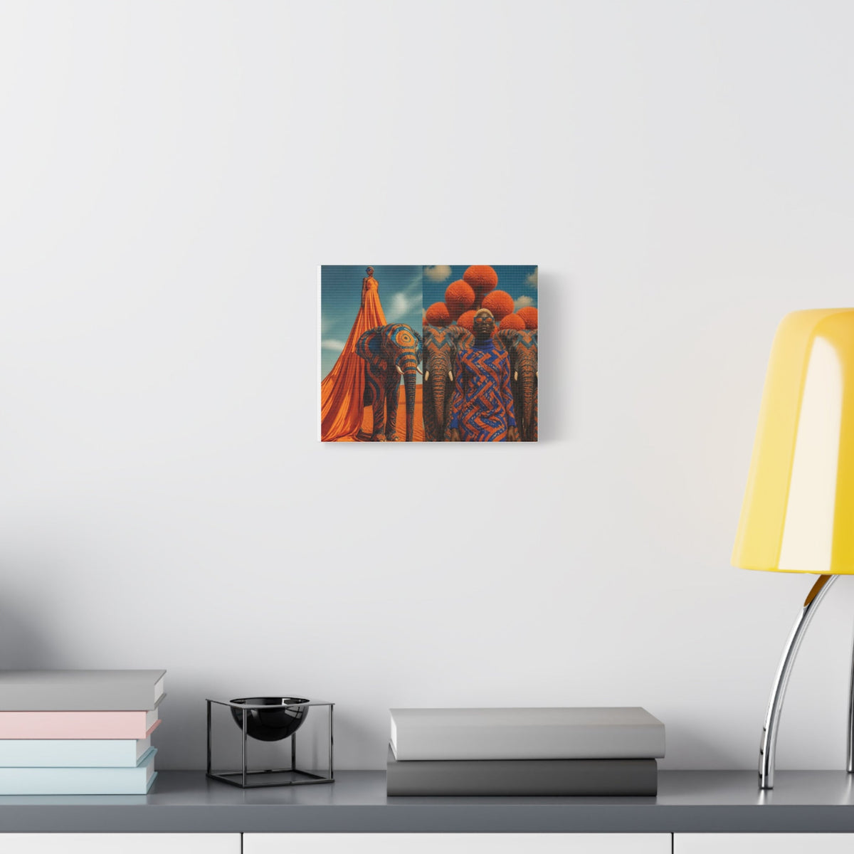 PURETE matte canvas wall art featuring vibrant African-inspired artwork hanging on a clean white wall above a desk.