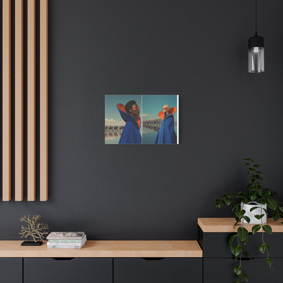 PURETE matte canvas print featuring surreal fashion art hanging on a dark grey wall above a wooden console table
