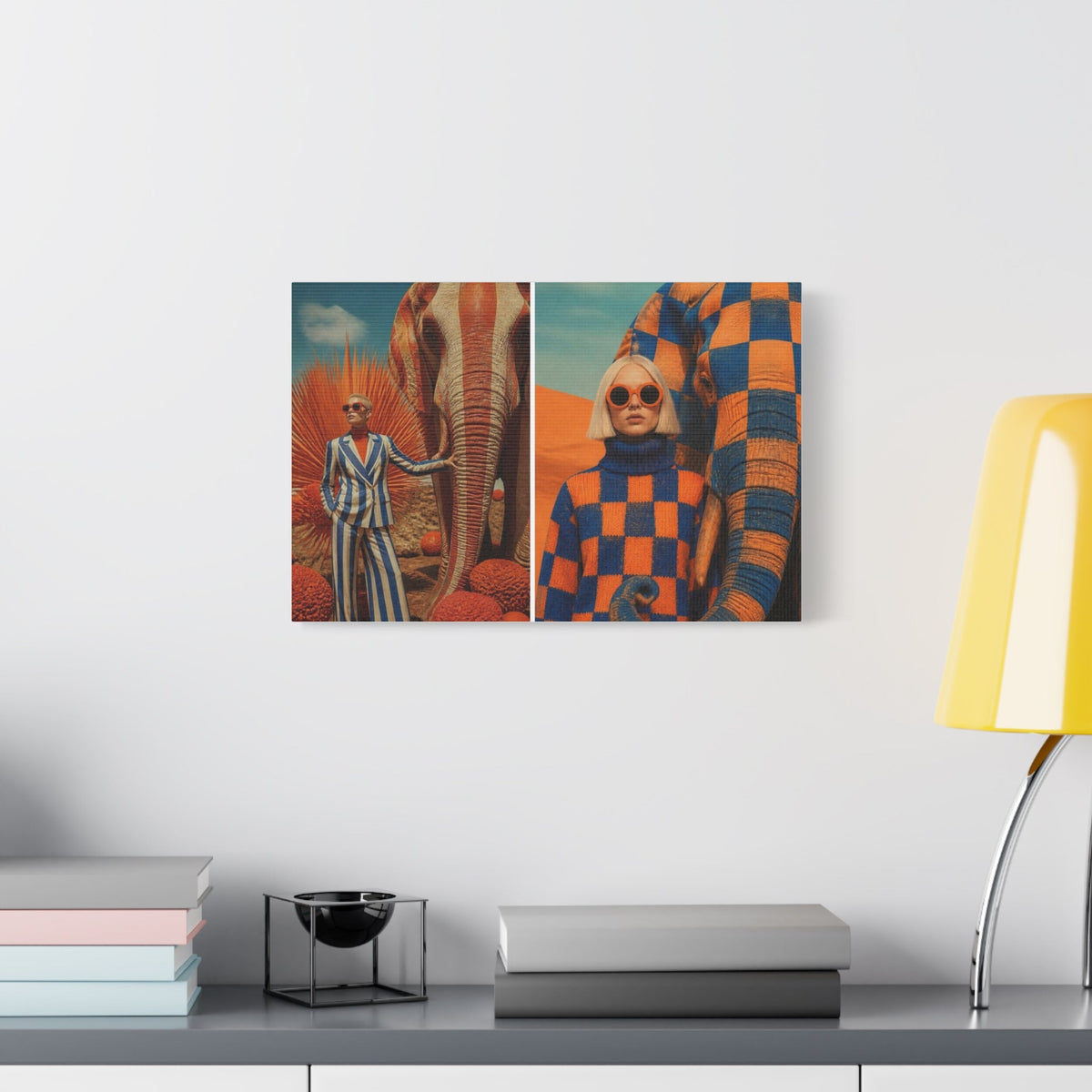 PURETE matte canvas wall art featuring a split surrealist print of a woman with an elephant in a desert setting.