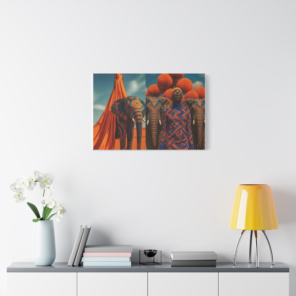 PURETE matte canvas wall art featuring a surreal elephant and person portrait, displayed on a white living room wall.