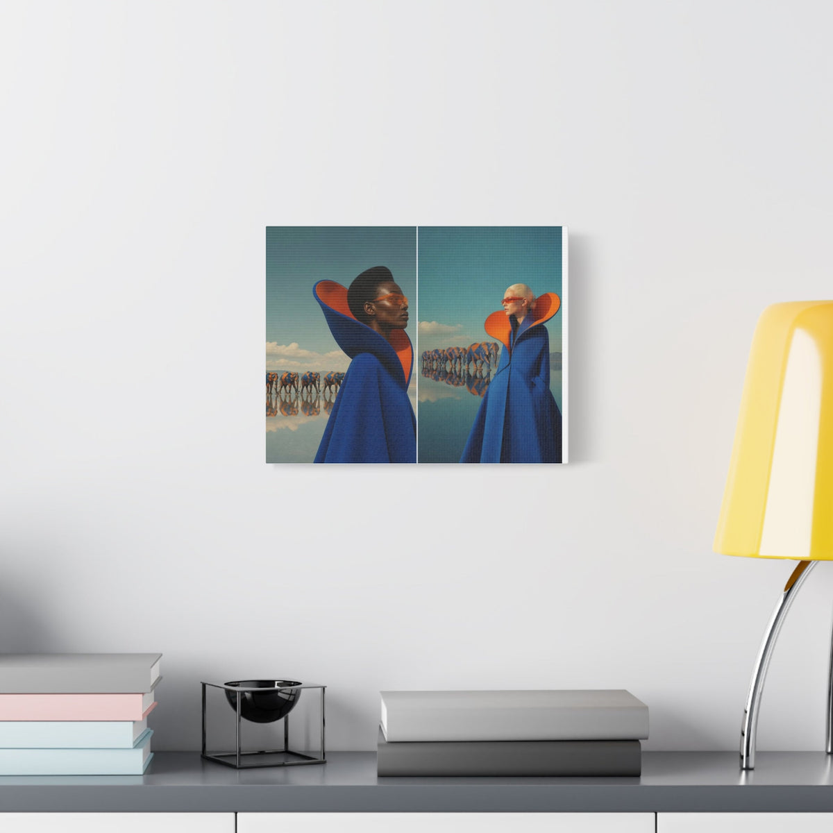 PURETE matte canvas wall art featuring a surreal fashion portrait hanging on a white wall above a desk with a lamp.