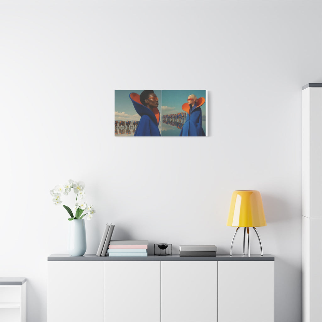 PURETE matte canvas print featuring a split-image fashion portrait hanging on a white wall above a modern sideboard.