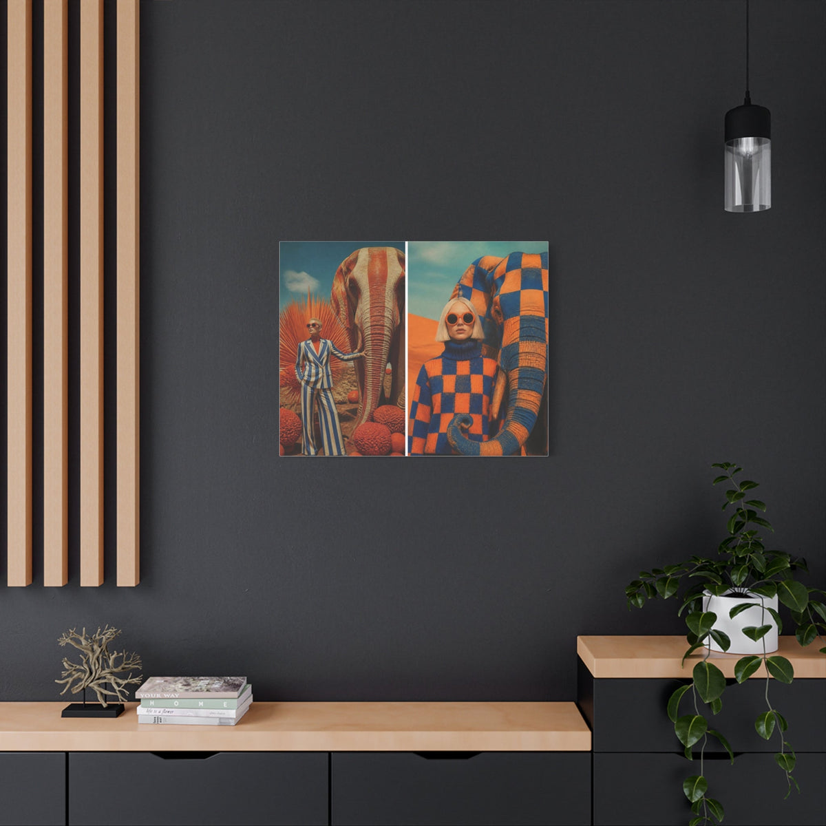 PURETE matte canvas wall art featuring a surreal split-screen print of a person and an elephant on a dark grey wall.