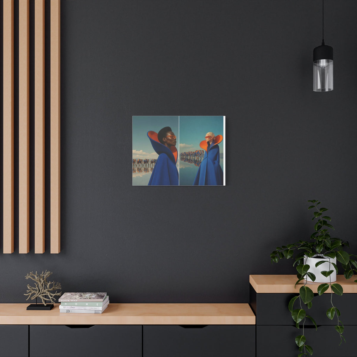 PURETE matte canvas featuring a surreal fashion art print hanging on a dark grey wall above a modern wooden console.
