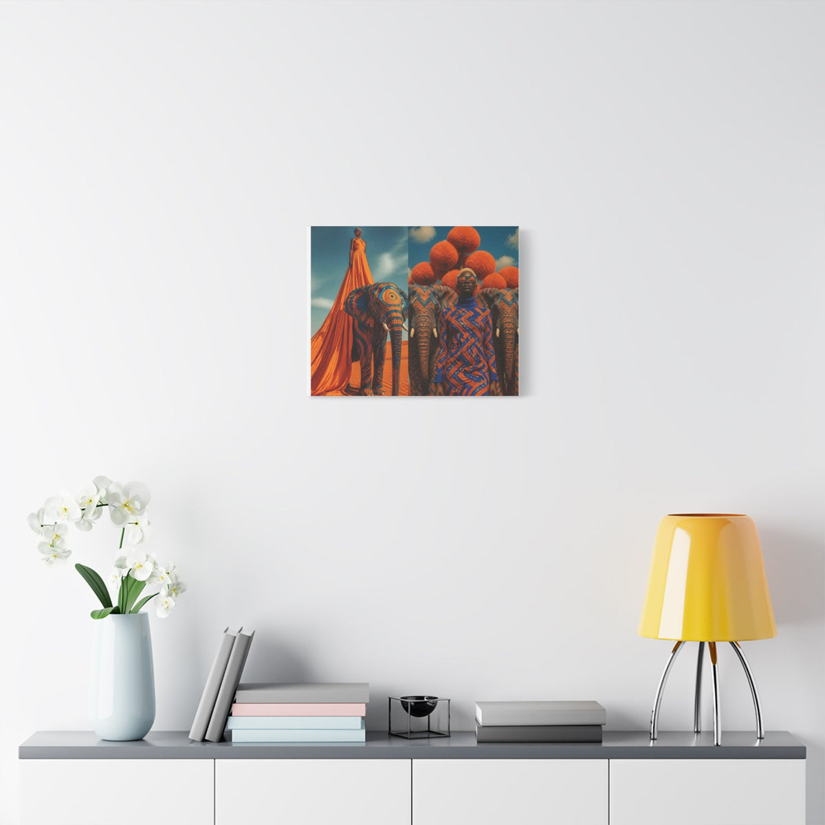 PURETE matte canvas print featuring artistic elephant imagery hanging on a white wall above a modern console table.
