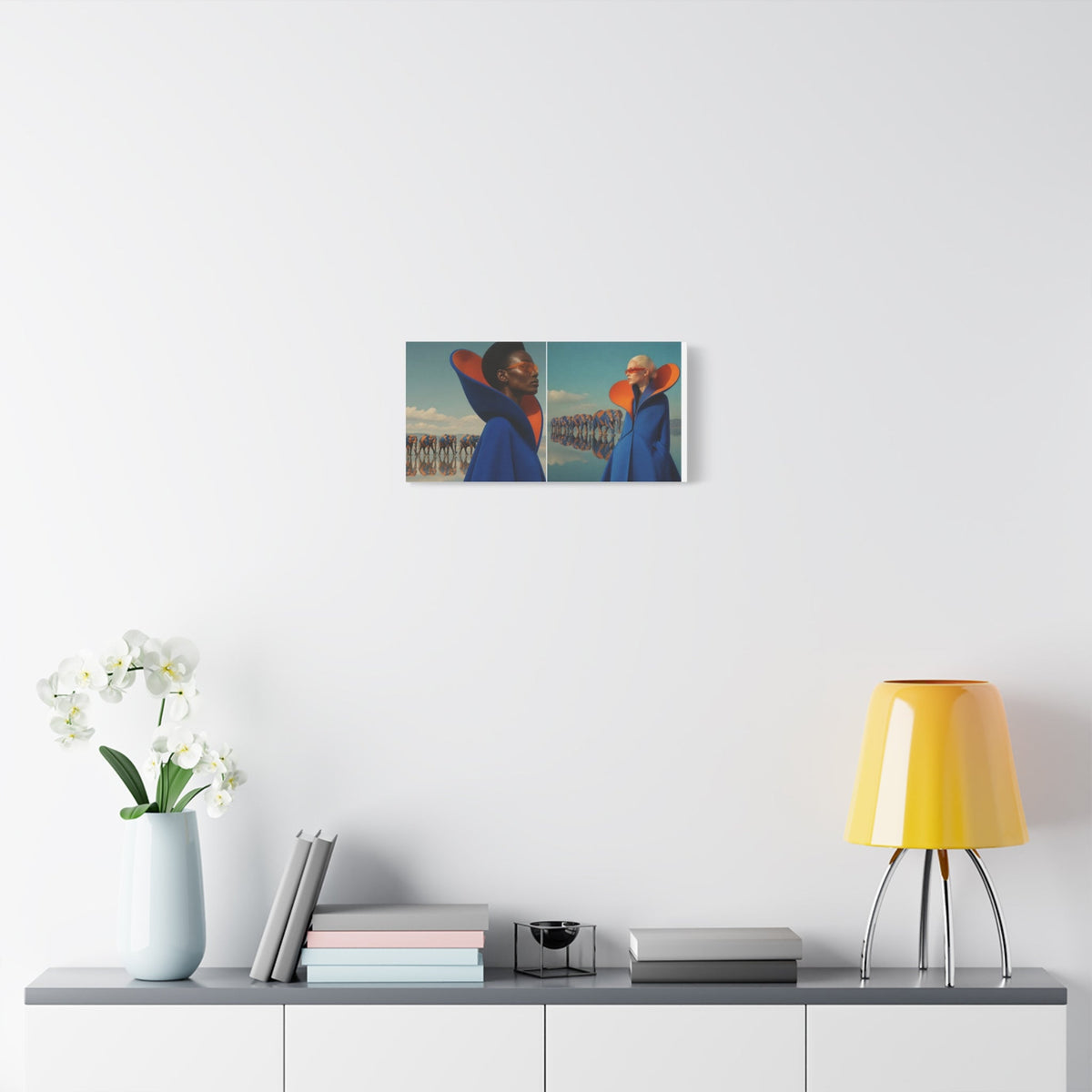 PURETE matte canvas print featuring a surreal fashion portrait hanging on a white wall above a modern console table.