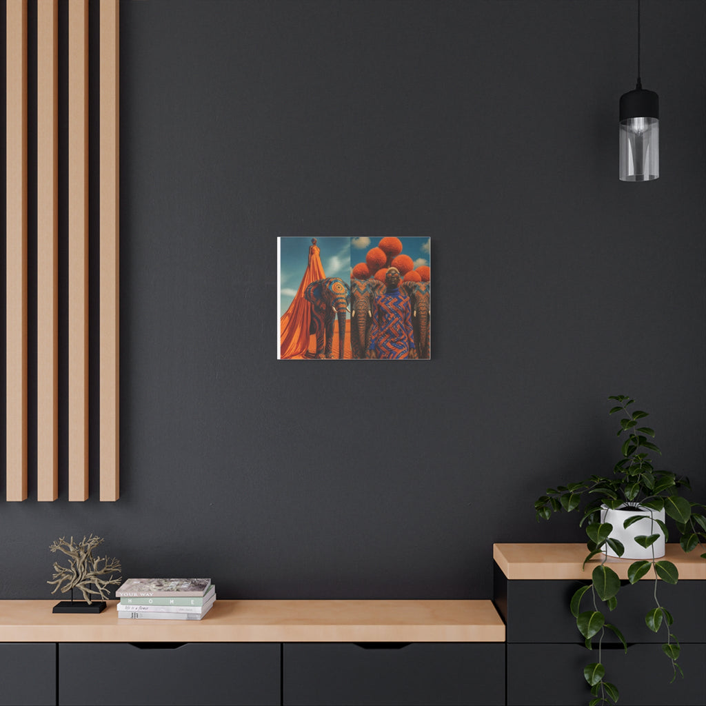 PURETE matte canvas art featuring an elephant and person print hanging on a dark grey wall above a wooden console.
