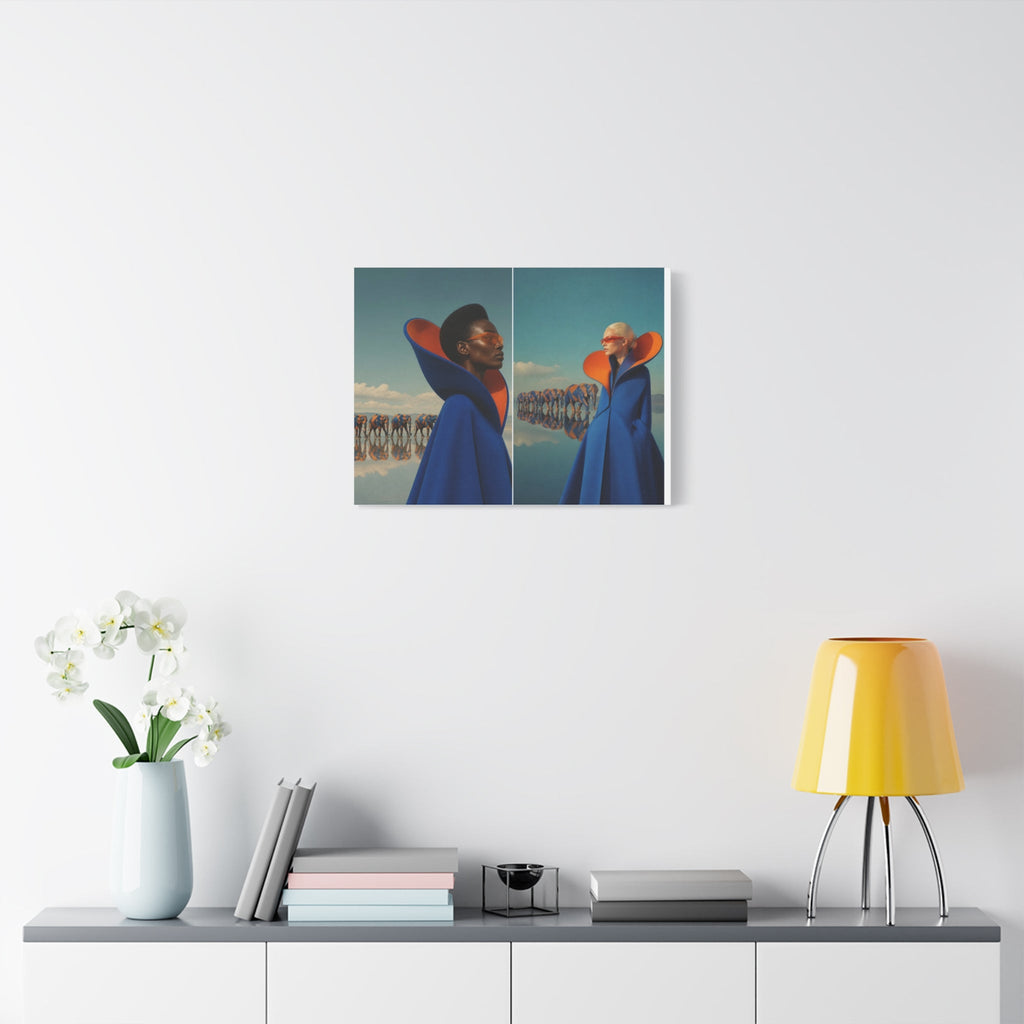PURETE matte canvas wall art featuring a surreal fashion portrait hanging above a modern console table with decor.