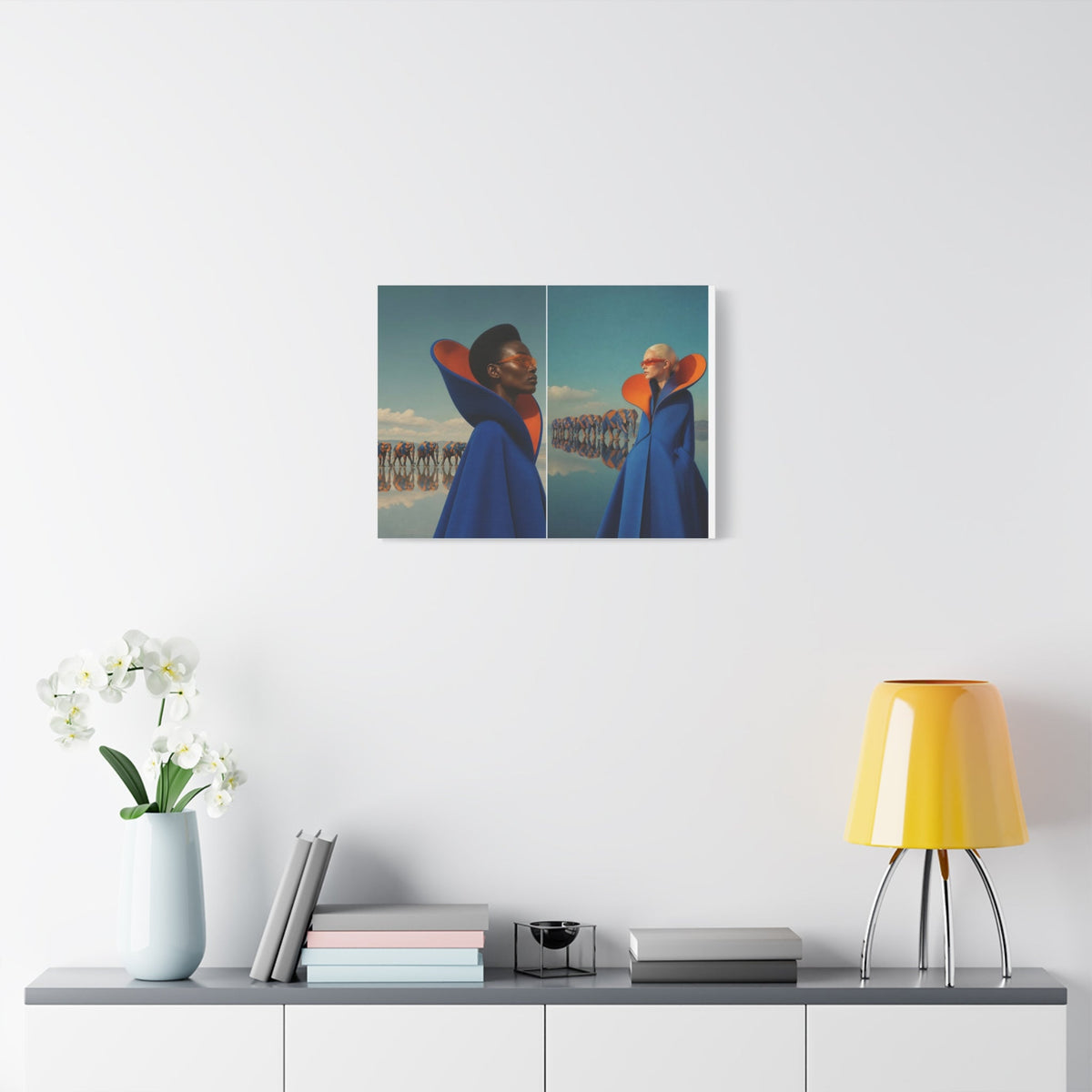 PURETE matte canvas wall art featuring a surreal fashion portrait hanging above a modern console table with decor.