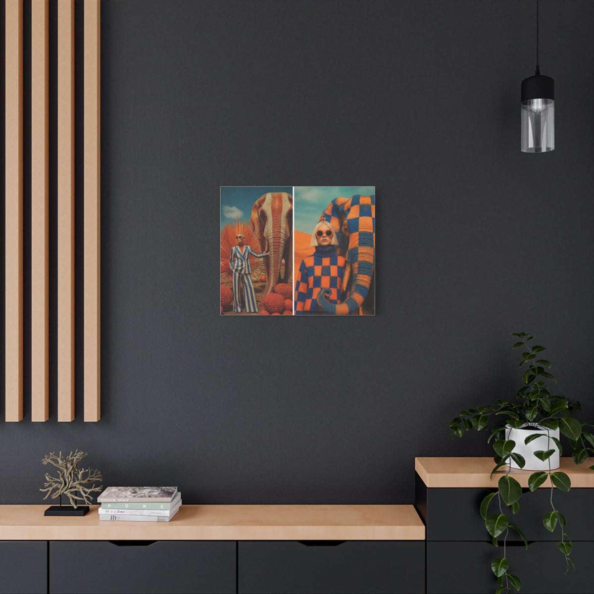 PURETE matte canvas wall art featuring a surreal desert scene with an elephant, displayed on a dark grey wall.