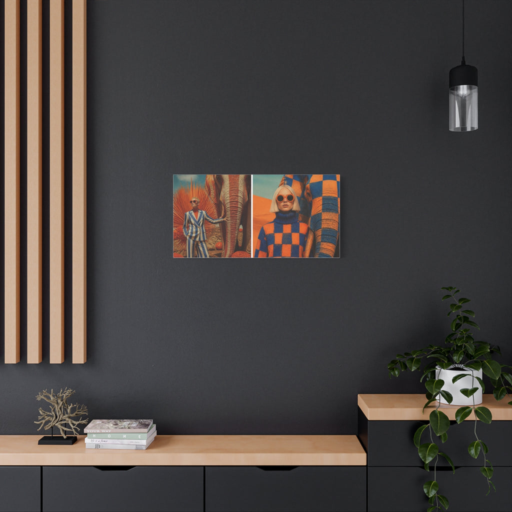 PURETE matte canvas wall art featuring a vibrant surrealist print displayed on a dark grey wall above a wooden console.