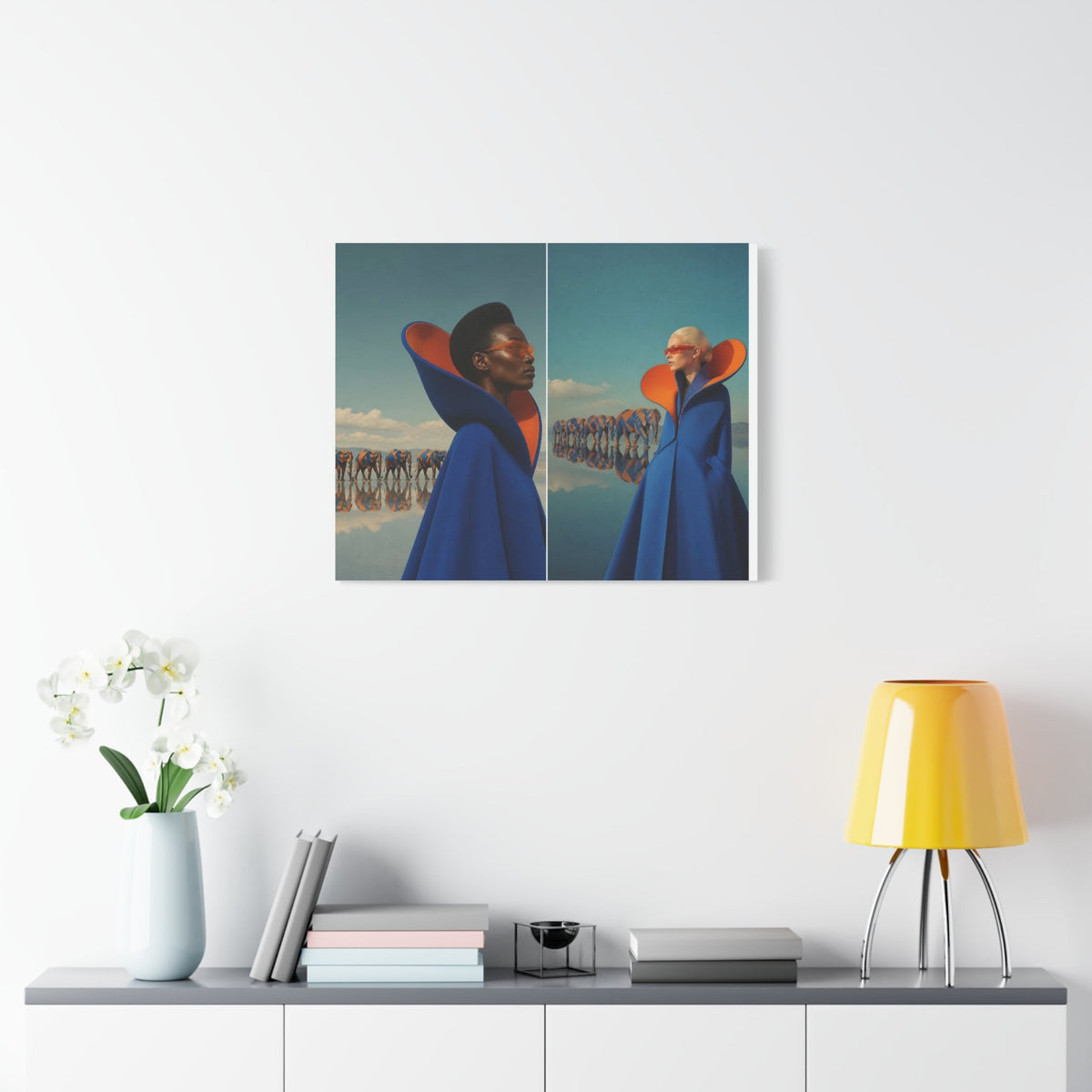 PURETE matte canvas wall art featuring a surreal fashion portrait of two models in blue capes with orange collars